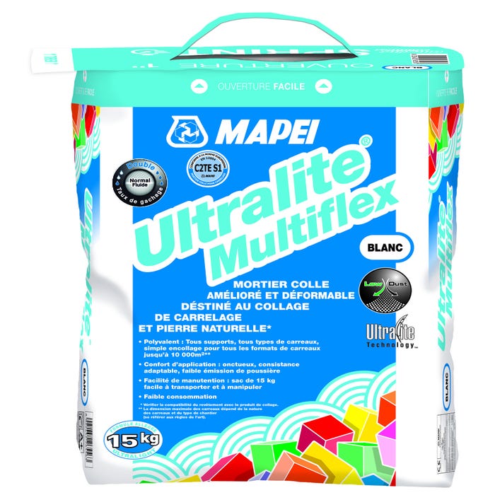 Colle carrelage en poudre blanc C2S1ET pour sol et mur intérieur & extérieur 15 kg - Ultralite multiflex MAPEI