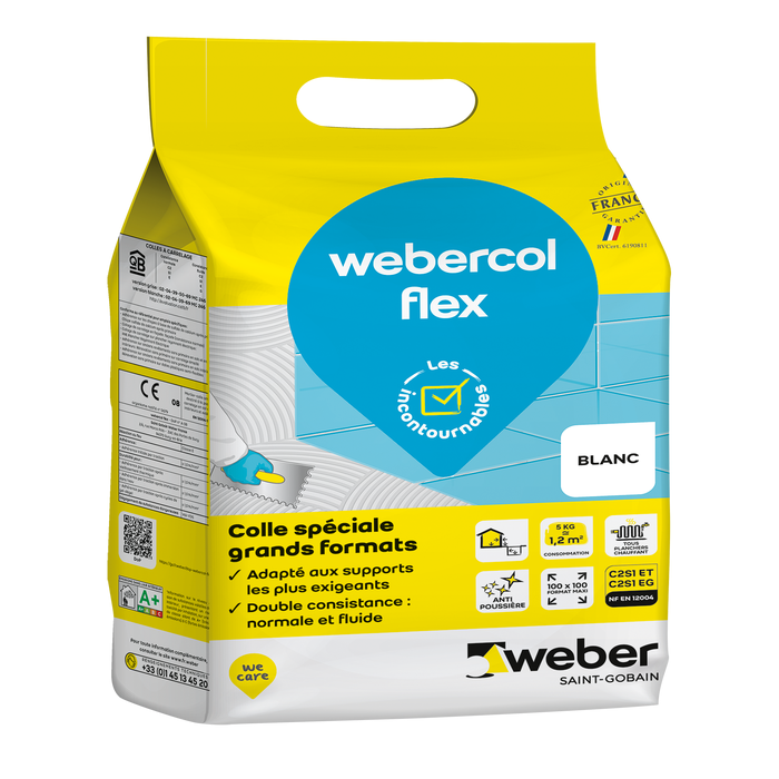 Colle carrelage en poudre blanc C2S1ET pour sol et mur intérieur & extérieur 5 kg - Webercol flex WEBER