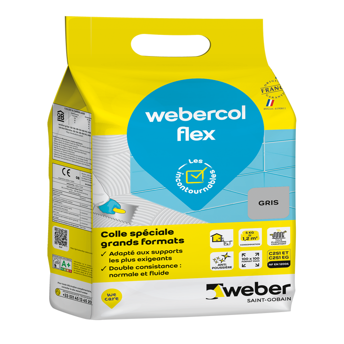 Colle carrelage en poudre gris C2S1ET pour sol et mur intérieur & extérieur 5 kg - Webercol flex WEBER