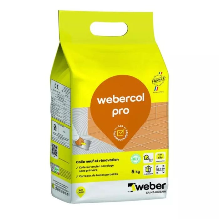 Colle carrelage en poudre blanc C2E pour sol intérieur & extérieur et mur intérieur 5 kg - Webercol pro eco WEBER
