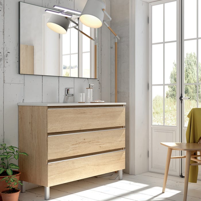 Meuble de salle de bain 60cm simple vasque - 3 tiroirs - PALMA - bambou (chêne clair)