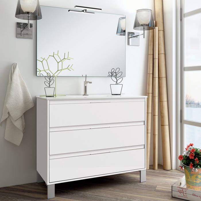 Meuble de salle de bain 100cm simple vasque - 3 tiroirs - TIRIS 3C - blanc