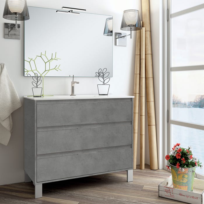 Meuble de salle de bain 100cm simple vasque - 3 tiroirs - TIRIS 3C - ciment (gris)