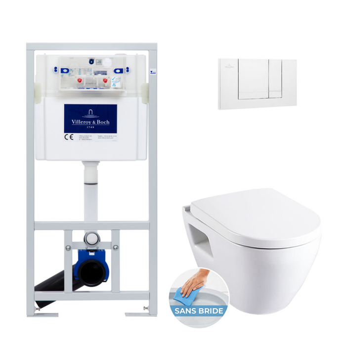 Villeroy & Boch Pack WC Bâti-support avec Cuvette Serel SM26 sans bride + Abattant softclose + Plaque blanche (ViConnectSM26-2)