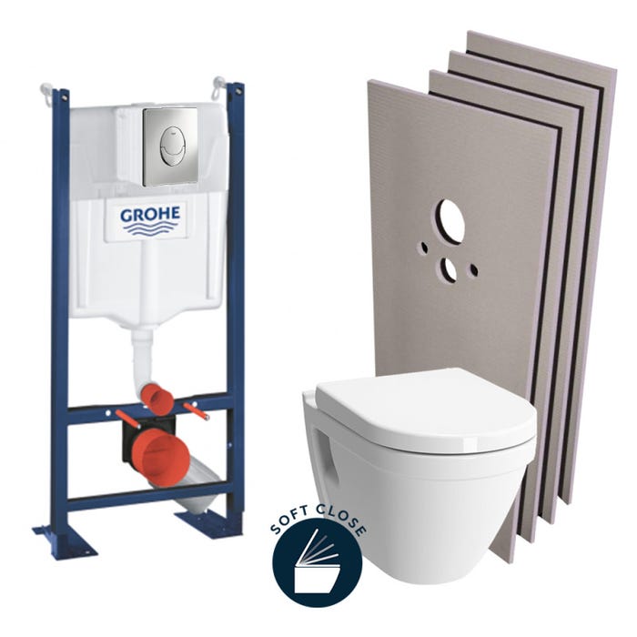 Grohe Pack WC Bâti Autoportant + Cuvette Vitra S50 + Abattant soft close + Plaque chrome + Set habillage (ProjectS50softclose-2-sabo)