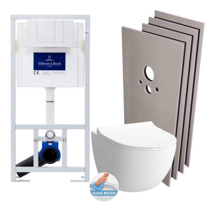 Villeroy & Boch Pack WC Bâti-support + WC Vitra Sento sans bride fixations invisibles + Plaque blanche + Set habillage