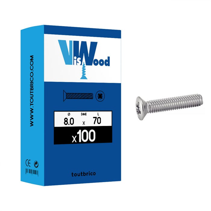 Boite 100 vis à métaux 8 X 70mm tête fraisée zingué - Viswood