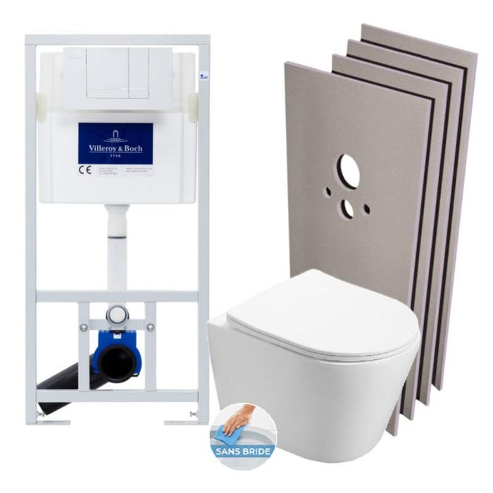 Villeroy & Boch Pack WC bâti-support + WC Infinitio rimless + Abattant softclose + Plaque blanche + Set d'habillage