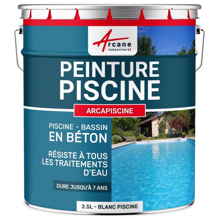 PEINTURE PISCINE BÉTON - 12 Couleurs - HAUTE RESISTANCE 7 ans - ARCAPISCINE Blanc - 2.5 L - ARCANE INDUSTRIES