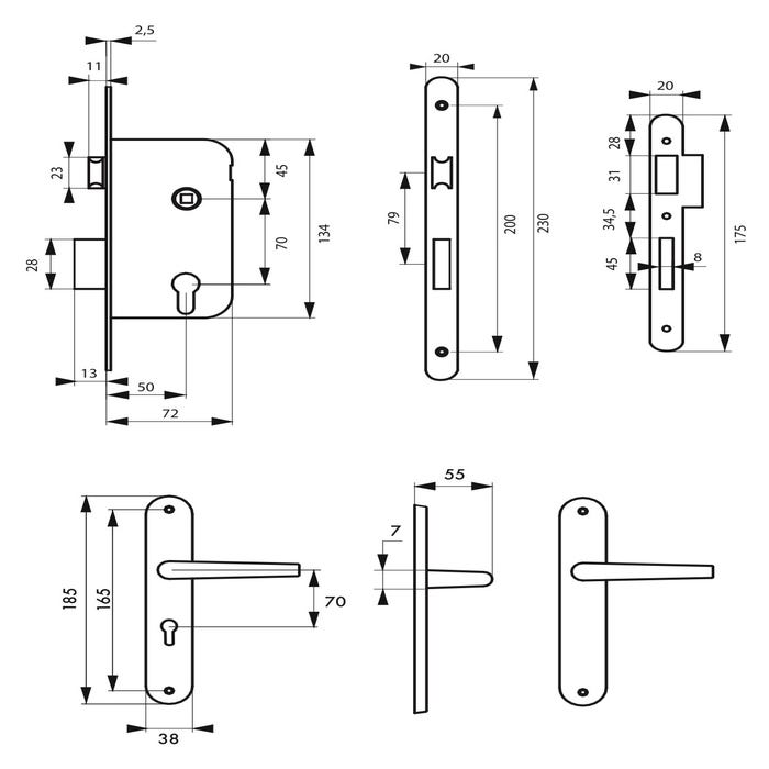 THIRARD - Garniture serrure encastrable à cylindre + ensemble poignées Leto, axe 50mm, bouts ronds, 3 clés
