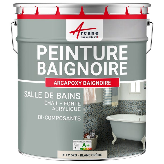 PEINTURE BAIGNOIRE LAVABO - Résine Époxy Pour Rénovation - 2.5 kg (jusqu'à 8 m² en 2 couches) - Blanc Cassé - Crème - RAL 9001 - ARCANE INDUSTRIES
