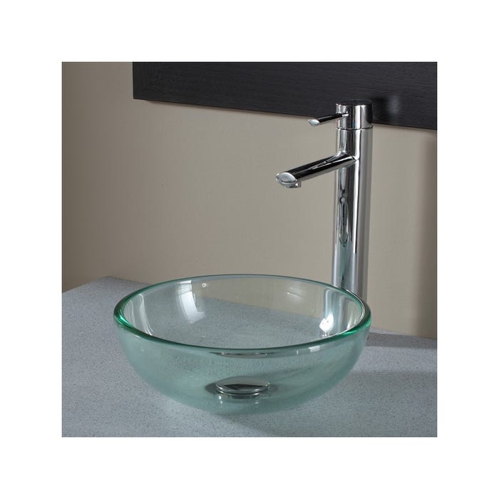 Vasque à poser ronde petit diamètre 31 cm en verre transparent