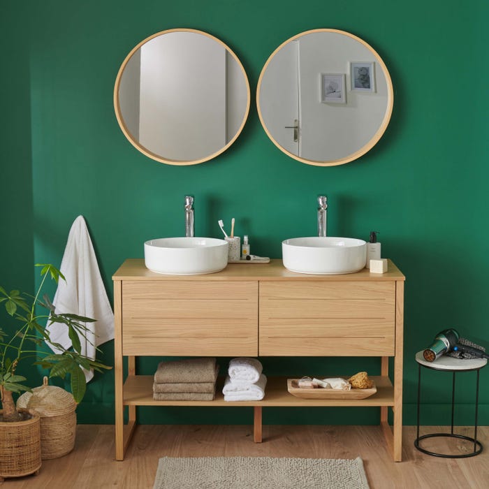 Meuble sous vasque plaqué chêne naturel ATOLL 120cm+vasque blanche+miroir