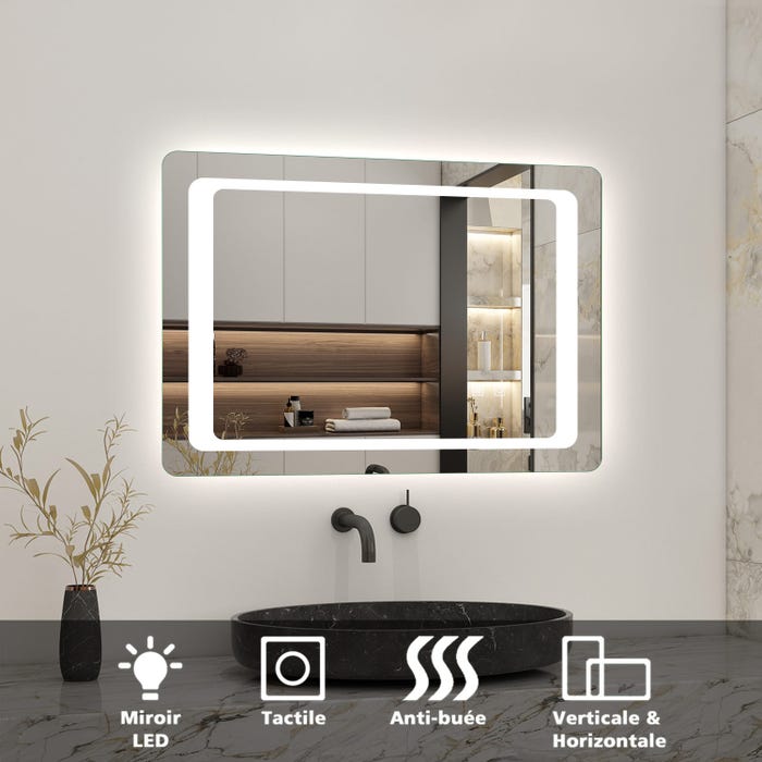 Miroir de salle de bain avec LED intégré, Miroir anti-buée, Double interrupteur 80cm(L)x60cm(H)
