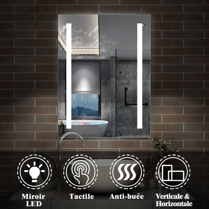 60cmx80cm Miroir de salle de bain avec LED intégré, LED anti-buée