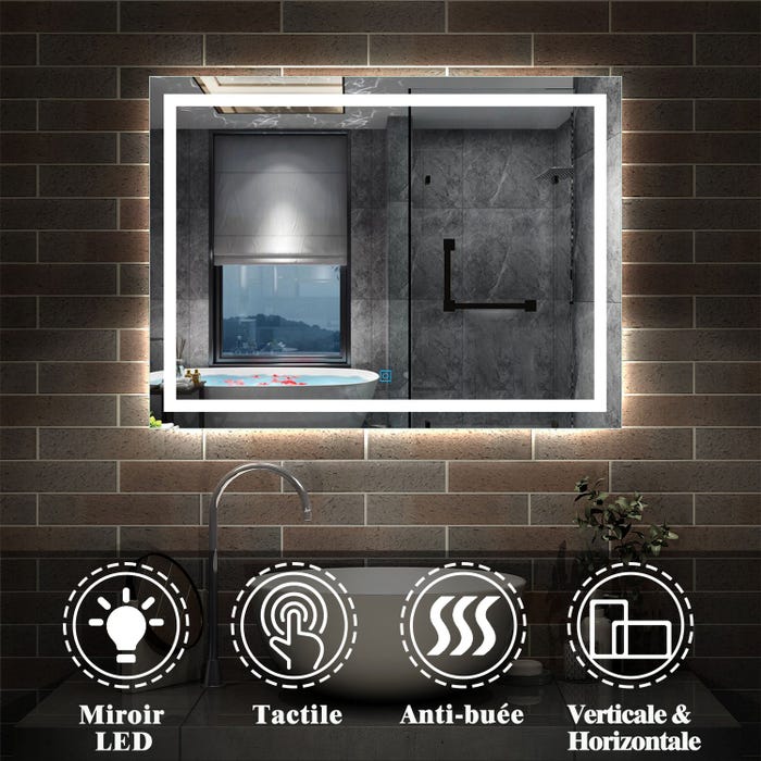 80cm*60cm Miroir de salle de bain avec LED intégrée et anti-buée