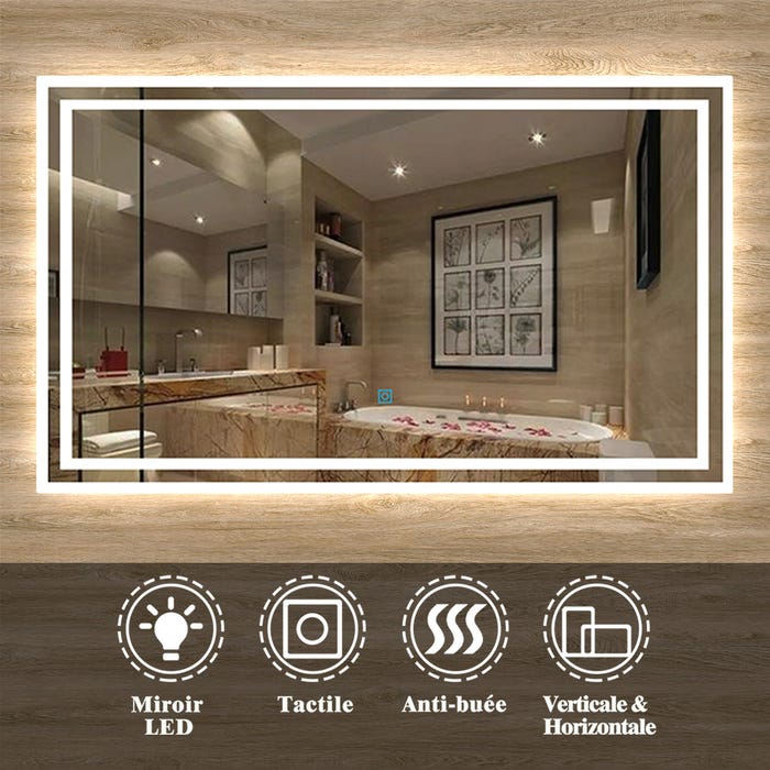 AICA Sanitaire Miroir de salle de bain avec LED intégrée et anti-buée, Horizontal/Vertical 100cm(L)x60cm(H)