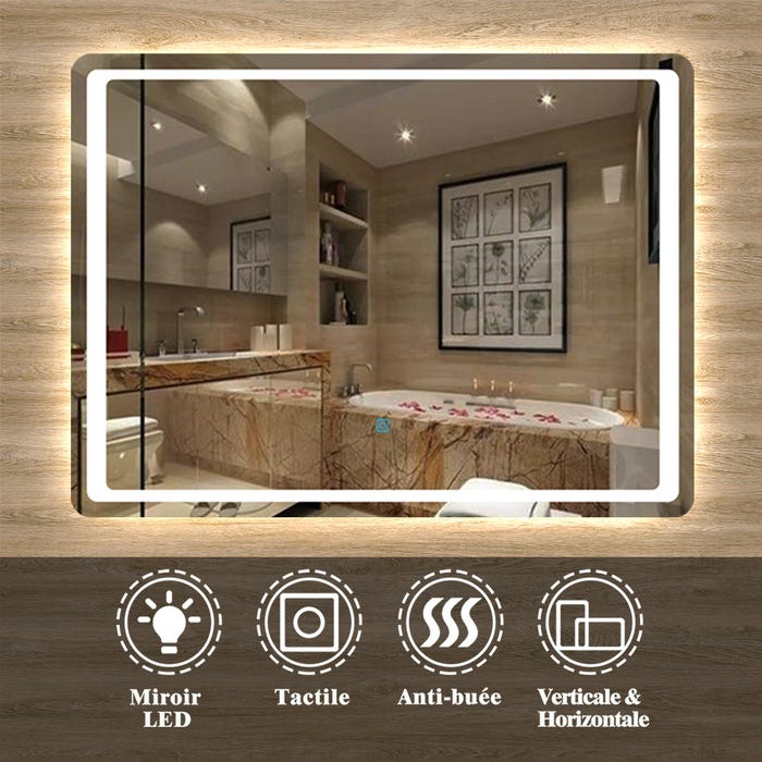 AICA Sanitaire Miroir salle de bain LED anti-buée avec interrupteur tactile, Lumière blanc 6000K, 80*60cm