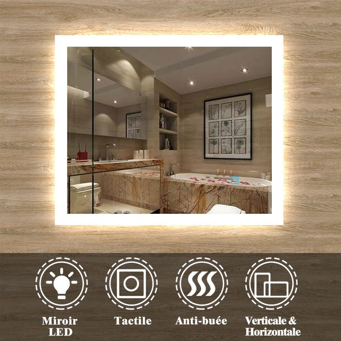 Miroir de salle de bain avec LED intégrée et anti-buée, Horizontal/Vertical 80cm(L)x60cm(H)