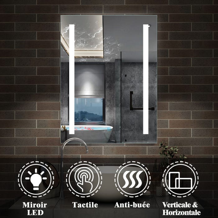 Miroir de salle de bain avec LED intégrée et anti-buée,50cm(L)x70cm(H)
