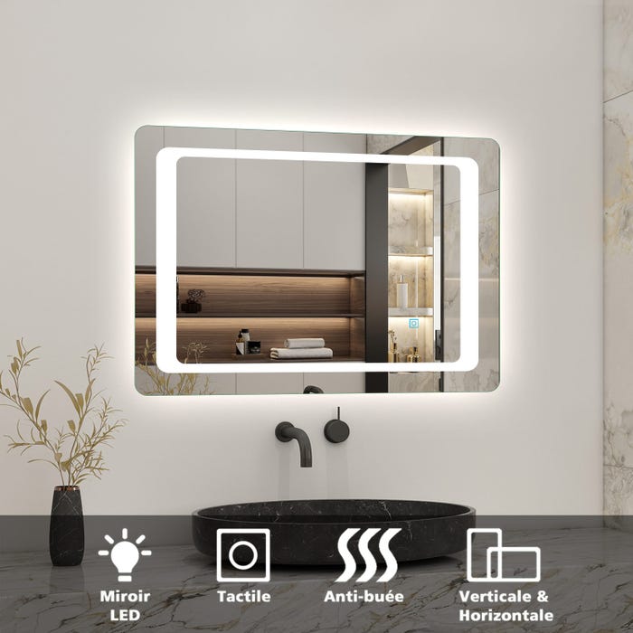 Miroir très fin anti-buée avec interrupteur tactile+ Lumière blanc 6000k + Miroir pratique au design modern 90cm x 4cm x65cm(L x P x H)