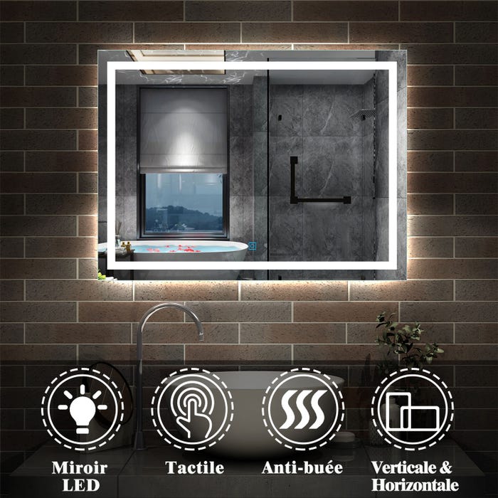 Miroir de salle de bain, illumination LED intégrée et anti-buée,Horizontal/Vertical 80cm(L)x60cm(H)