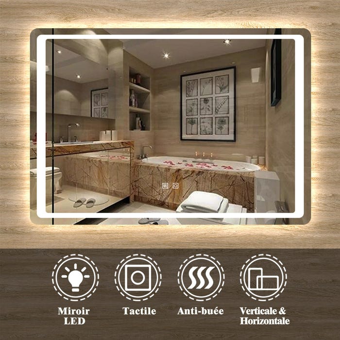 AICA Sanitaire Miroir LED 80 x 60 x 4 cm anti-buée avec 2 Interrupteurs Tactiles, miroir de salle de bain modèle Classique
