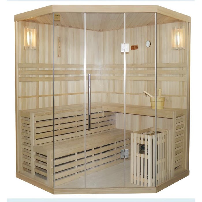 Sauna Traditionnel Finlandais d'angle 4/5 places vitré Gamme prestige IMATRA - L220*P220*H210 cm