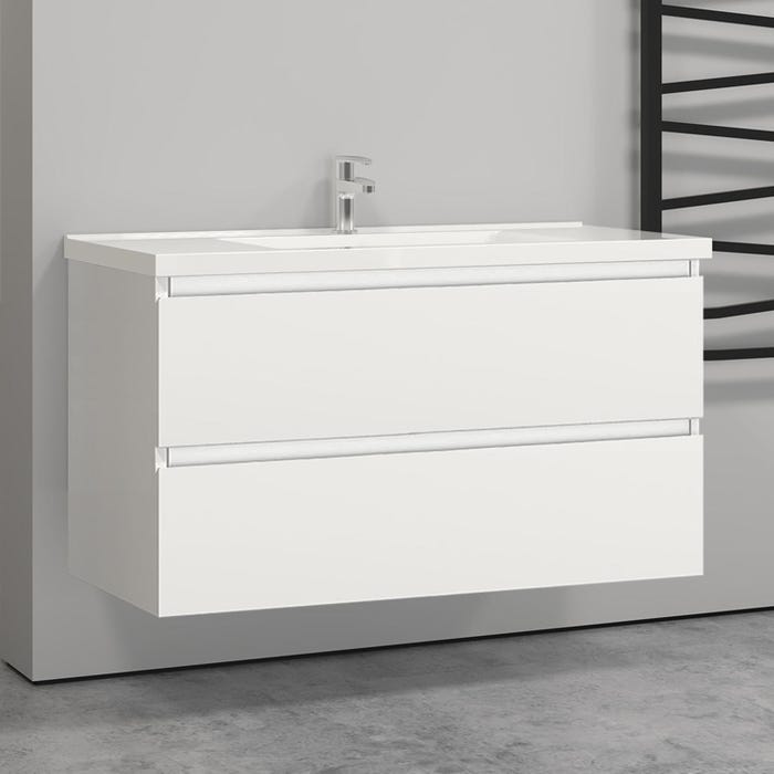 Meuble de salle de bain suspendu, Meuble 2 tiroirs, Vasque en céramique , couleur blanc mat, L x W x H: 99 x 44,5 x 52 (cm)