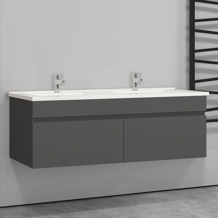 Meuble de salle de bain suspendu avec deux portes, plan double vasque, vasque en céramique , couleur anthracite, L x W x H: 120 x 45 x 40 (cm)