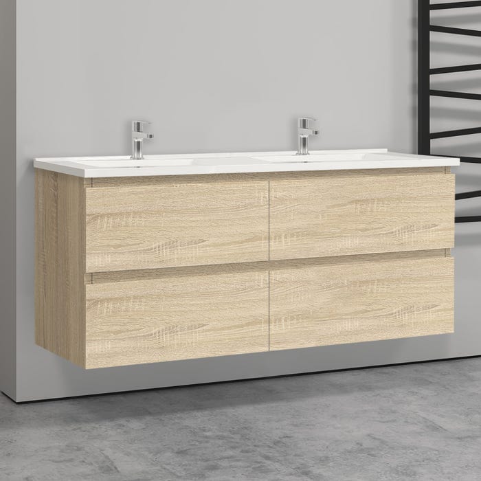 Meuble de salle de bain double vasques en céramique + 4 tiroirs, couleur chêne, L x W x H: 120 x 46 x 52 (cm)