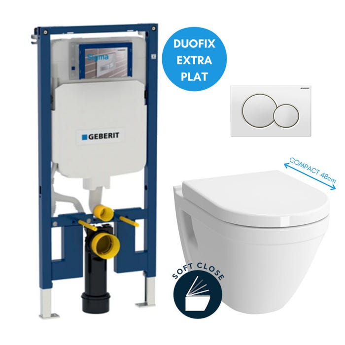 Pack WC Bati-support Geberit UP720 extra-plat + WC Vitra S50 compacte + Abattant softclose + Plaque blanche (SLIM-S50Compact-B)