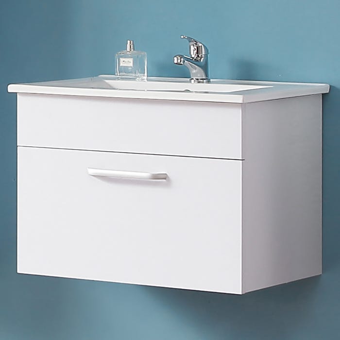Meuble de salle de bain suspendu blanc avec un tiroir, 58 x 38 x 41 cm, lavabo leger en céramique