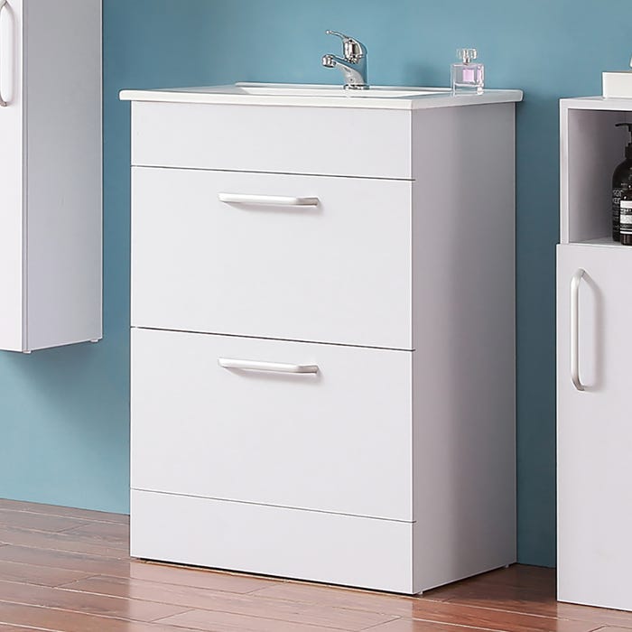 Meuble sous vasque couleur blanc avec deux tiroirs 58 x 38 x 82,4 cm, lavabo leger en céramique