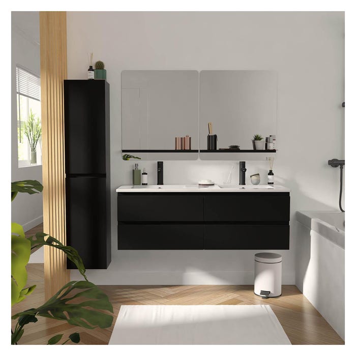 Meuble double vasque 120cm avec plan céramique SORRENTO Noir + miroir +colonne