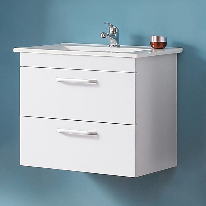 Meuble de salle de bain suspendu blanc avec deux tiroirs, 58 x 38 x 50 cm, lavabo leger en céramique