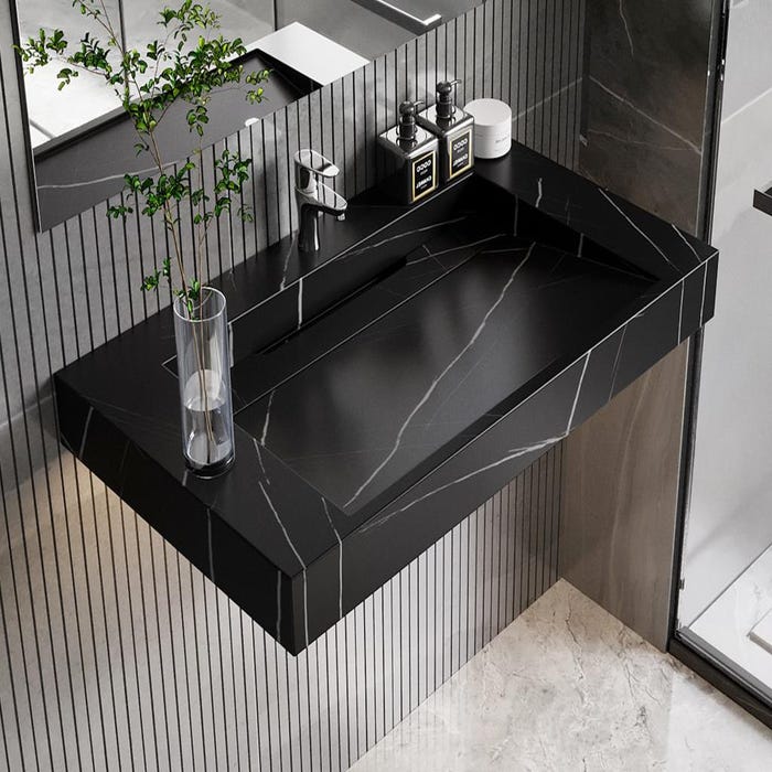 Vasque suspendue en solid surface effet marbre noir - TAKOTNA - L90.2 x l45.2 x H8 cm
