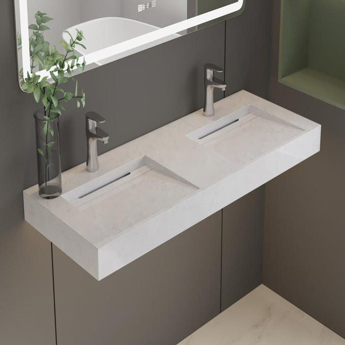Double vasque suspendue en solid surface effet marbre blanc - KODIAK - L120.2 x l45.2 x H8 cm
