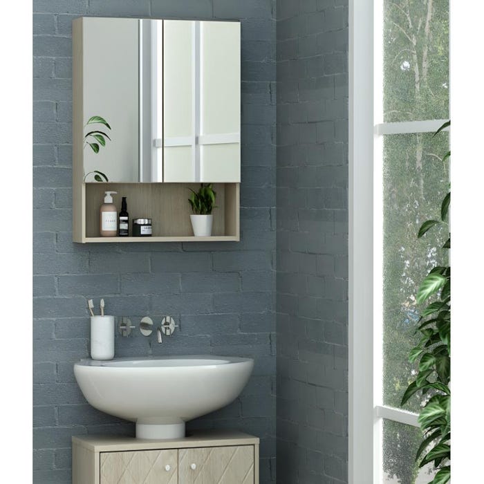 Armoire murale de salle de bain avec miroir et niche - Couleur chêne - ZUMPA