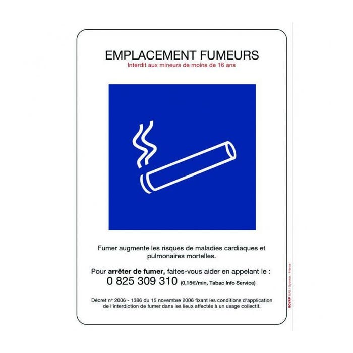 Panneau adhésif réglementation anti-tabac ''Emplacement fumeurs'', dimensions 148 x 210 mm