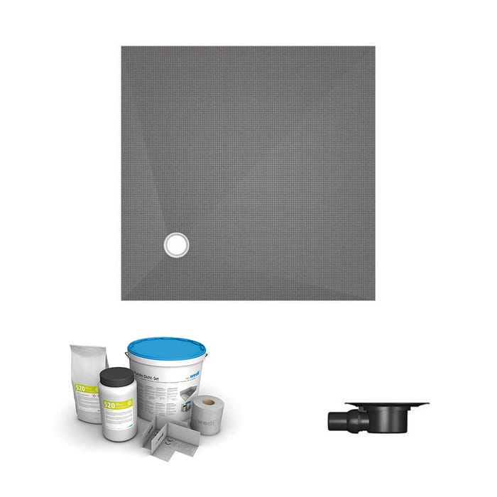 Receveur de douche à carreler 150 x 150 WEDI Fundo Primo carré écoulement excentré + bonde horizontale + kit d'étanchéité