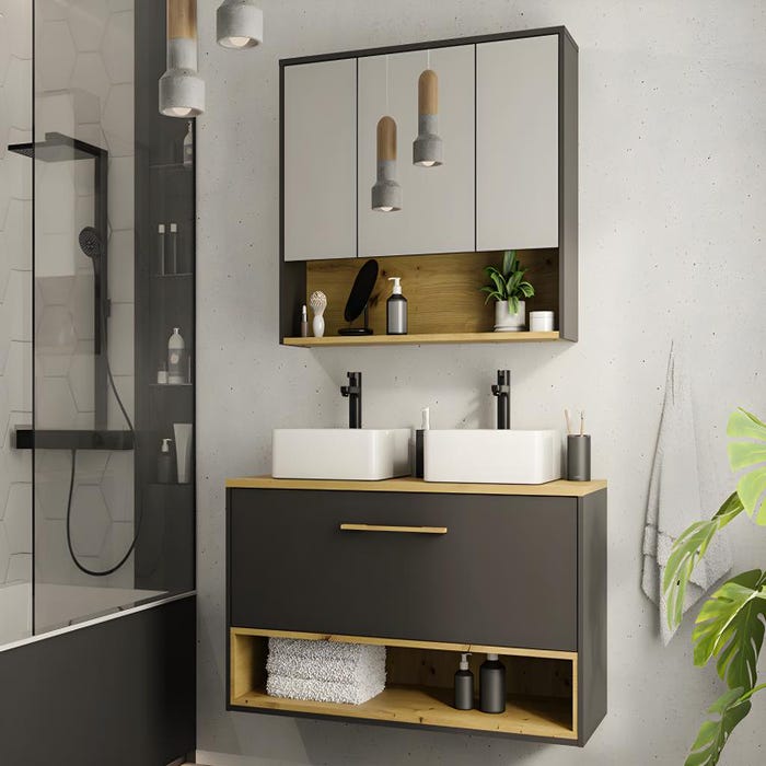 Meuble de salle de bain suspendu anthracite avec double vasque à poser et armoire de toilette - 120 cm - YANGRA