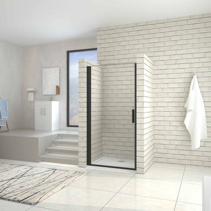 Porte de douche pivotante 80cm en verre trempé anticalcaire profil et poignée Noir Mat douche italienne hauteur 200cm