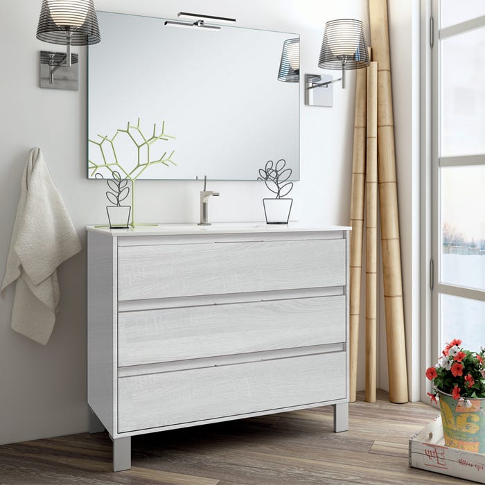Meuble de salle de bain 100cm simple vasque - 3 tiroirs - TIRIS 3C - hibernian (bois blanchi)
