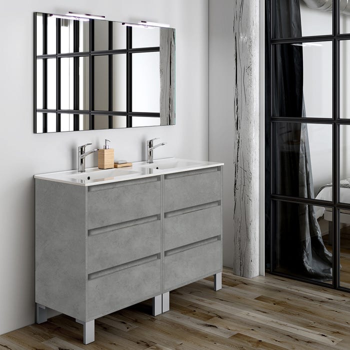 Meuble de salle de bain 120cm double vasque - 6 tiroirs - TIRIS 3C - ciment (gris)