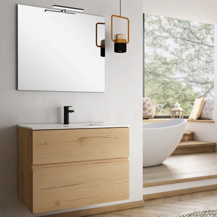 Meuble de salle de bain 80cm simple vasque - 2 tiroirs - MIG - roble (chêne clair)