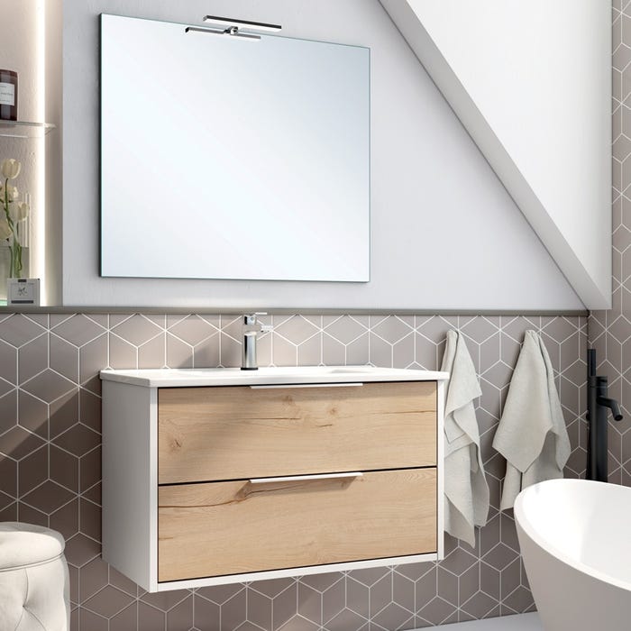 Meuble de salle de bain 80cm simple vasque - 4 tiroirs - ALBA - blanc/roble