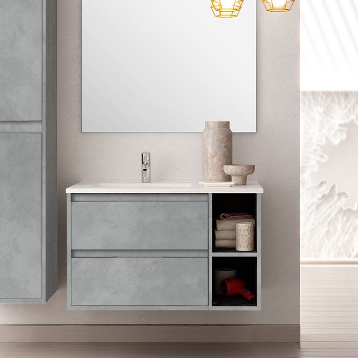 Meuble de salle de bain 80cm vasque déportée - 2 tiroirs et 2 niches - sans miroir - OLYMPE - ciment (gris)