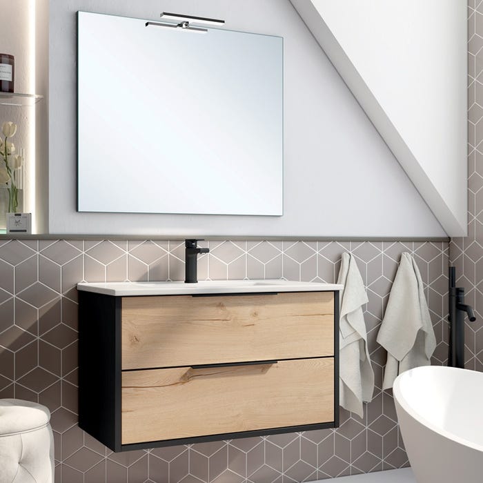 Meuble de salle de bain 80cm simple vasque - 4 tiroirs - ALBA - noir/roble