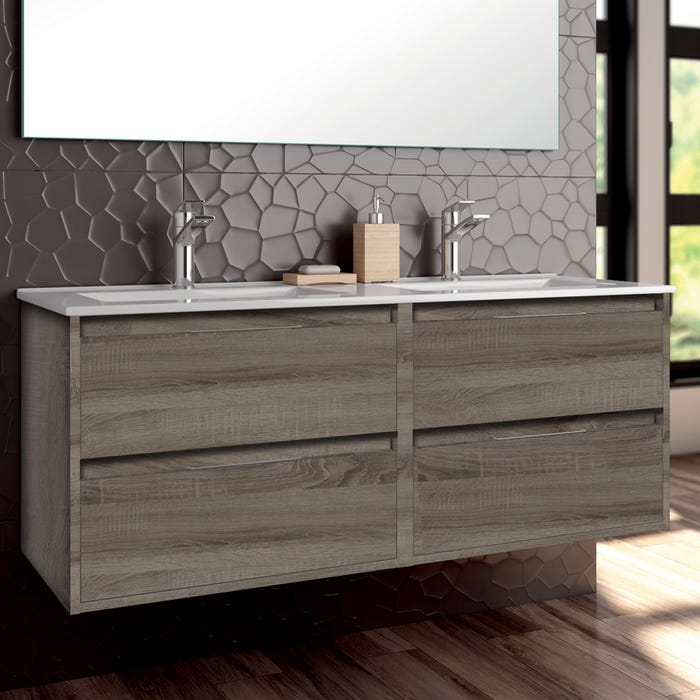 Meuble de salle de bain 120cm double vasque - 4 tiroirs - sans miroir - IRIS - britannia (chêne foncé)